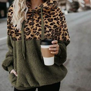 Green Leopard Contrast Fleece Hoodie